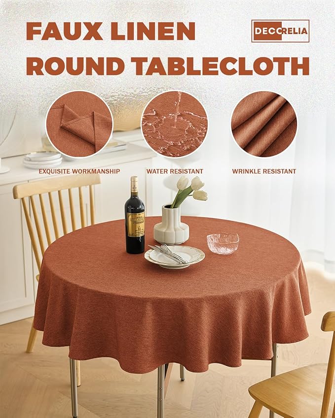 Fall Farmhouse Round Table Cloth for Indoor/Outdoor, Harvest Thanksgiving Faux Linen Washable Tablecloth Cover for Party Dining & Kitchen Table Decor (60 Inch,Round (2-4 Seats),Burnt Orange)