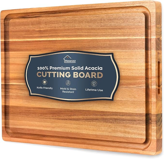 Howizz Acacia Wood Large Cutting Board, Thick Edge Grain Solid Wood Butcher Block For Kitchen, Non Toxic Pre-Oiled Carving Tray w/Juice Grooves and Easy Grip Handle, 20"x15" Thick 1.5" Gift-Ready Box