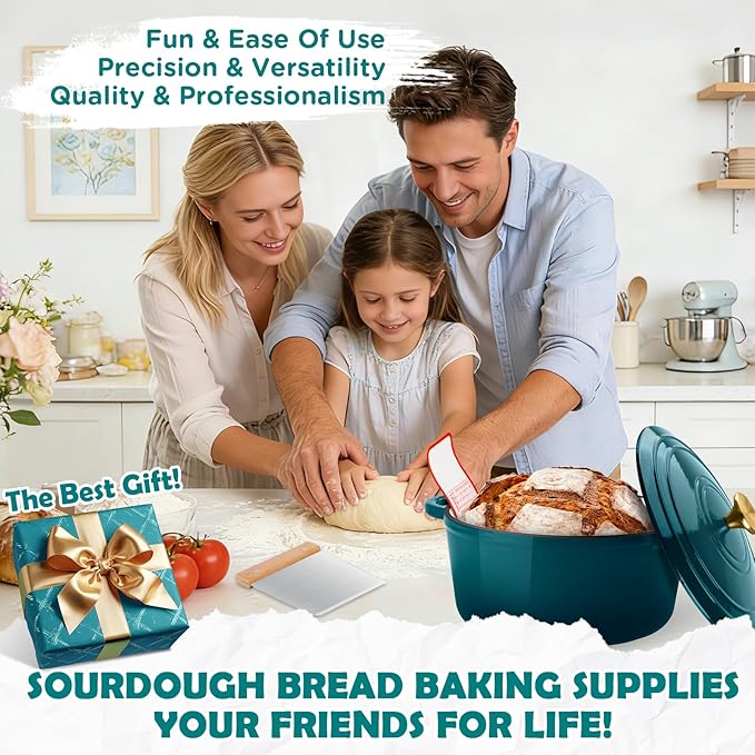 Enameled Cast Iron Dutch Oven Pot with Lid, Incl. Sourdough Bread Baking Supplies Like Banneton Bread Proofing Basket, Starter Jar, Scoring Tool Lame, 5QT Dutch Oven for Bread Baking, Oven Safe up to 500°F
