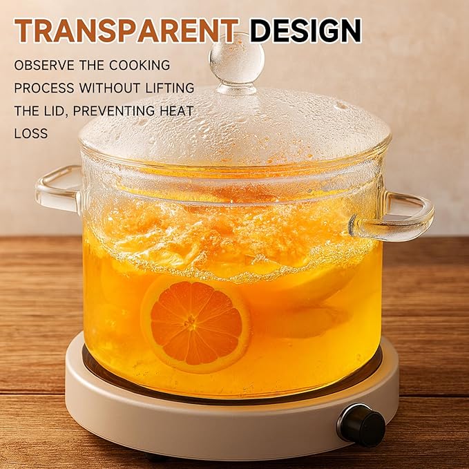 Glass Cooking Pot, 1.9L/64oz Heat-Resistant Borosilicate Glass Saucepan with Cover, Cookware Set Stovetop Pot for Cooking, Soup, Milk, Tea, Fruit and Spices