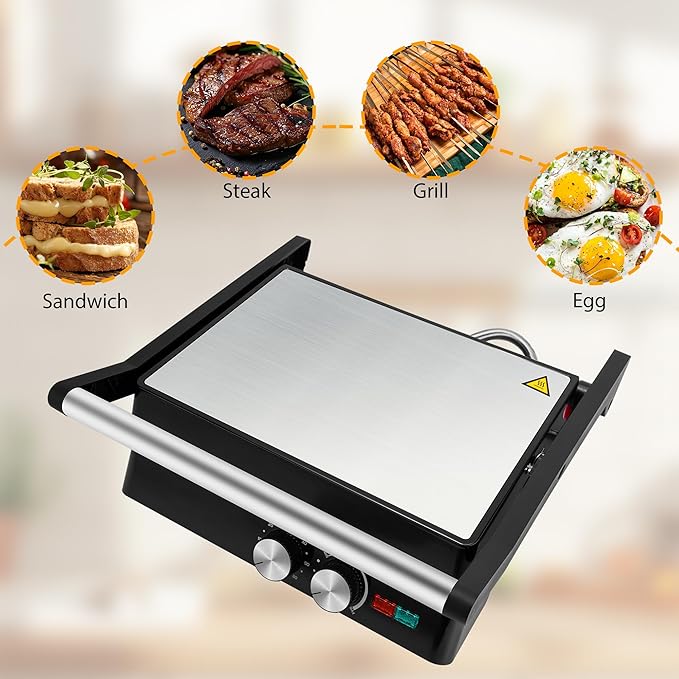 SUSTEAS Panini Press Sandwich Maker and Electric Indoor Grill with Temperature Time Setting, Easy Clean Nonstick Grids, Opens 180°/105° to Fit Any Type or Size of Food, 1400W, BBQ, Black
