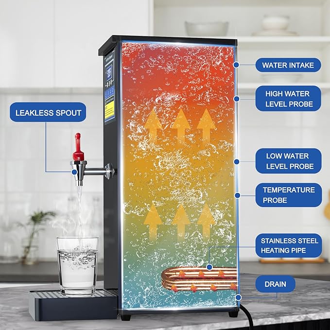 Commercial Hot Water Dispenser Commercial Water Boiler Electric Countertop Hot Water Machine Black 30L(8GAL)/Hour Step-heating Temperature Control 86-212°F for Boba Tea Coffee Office Restaurant 1600W