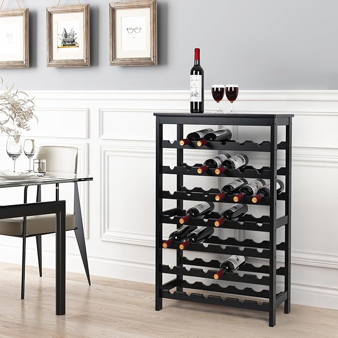 VASMIA 42 Bottles Bamboo Wine Rack,7-Tier Wine Rack Freestanding Floor with Table Top, Wine Storage Shelf for Kitchen Dining Room Bar,Black