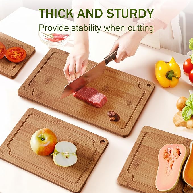 Bamboo Cutting Boards for Kitchen, Wood Cutting Board Set with Juice Grooves & Built-in Handles, Easy Storage & Clean Chopping Board for Meat, Vegetables, Fruit(4 Pcs)