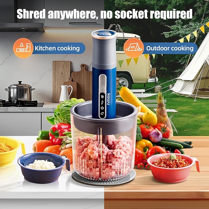 Kawu Electric Meat Grinder, Portable Food Vegetable Chopper with 1 Glass Bowl & Small Bowls, USB Rechargeable Mini Food Processor with Stainless Steel Blades, Meat Chopper Cutter for Home and Kitchen