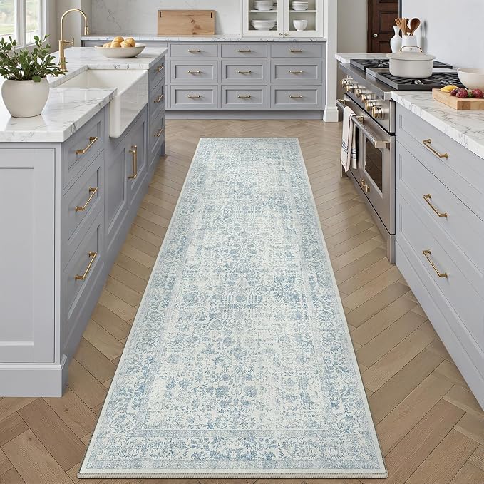 Blue Runner Rug 3x10 Hallway Machine Washable Kitchen Vintage Distressed Non Slip Long Carpet Indoor Retro Floral Bedroom Accent Throw Rug for Bathroom Office Laundry Dining Room