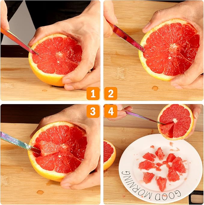 Grapefruit Spoons & Knife Set, Stainless Steel Utensils With Serrated Edge & Thick Gauge Handle, Rainbow Kitchen Tool, Non-stick Plating for Kiwi, Dessert, Apple (5 PCS)