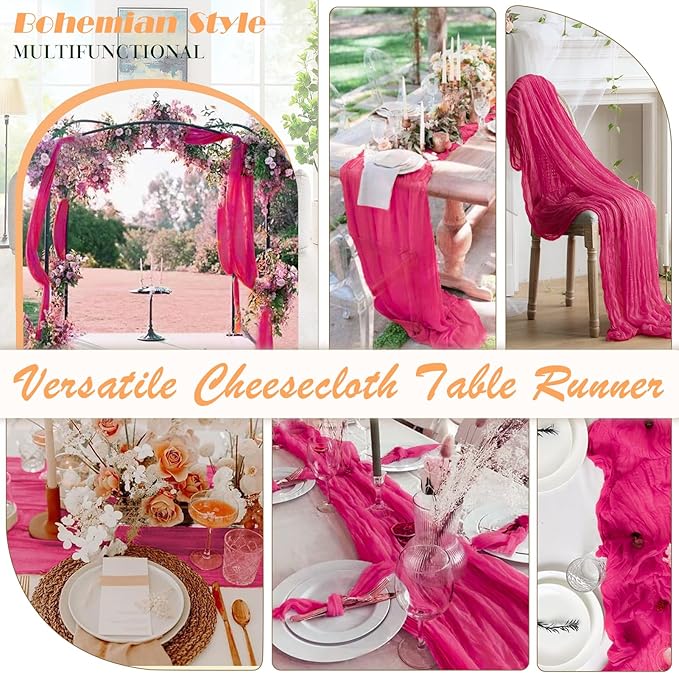 Hot Pink Cheesecloth Table Runner 2 Pack 35" Boho Gauze Table Runner 120 inches Long Runner Rustic Sheer Fabric Bulk for Baby Shower Wedding Bridal Birthday Party Table Decorations