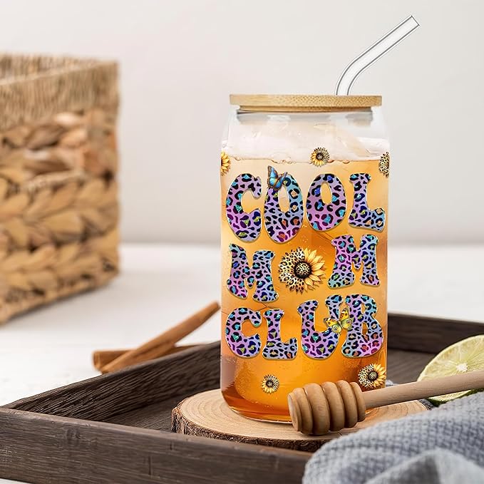 Mothers Day Gifts for Mom 16 Oz Cool Mum Club Glass Coffee Cup with Lid and Straw Funny Mama Drinking Tumbler Unique Birthday Present Ideas for Mother Her Wife from Daughter Son Husband