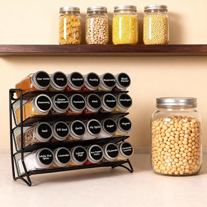 DIDITIME Spice Rack Organizer with 24 Glass Jars and 60 Spice Labels, Seasoning Organizer for Kitchen, Countertop, Cabinet, Pantry, Cupboard，Spice Organization for Cabinet， Space-Saving & Tidy