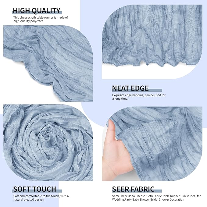 4 Pack Dusty Blue Cheesecloth Table Runner 10Ft, Gauze Table Runners 21.5 x 120 inch,Semi Sheer Cheese Cloth Fabric Runner Bulk for Wedding,Party,Baby Shower,Bridal Shower