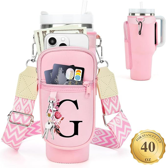 LOKASS Personalized Water Bottle Holder with Strap for Stanley Cup Accessories 40 oz Tumbler, Initial Water Bottle Carrier Bag/Phone Pocket, Mother's Day/Birthday Gifts for Women/Girls