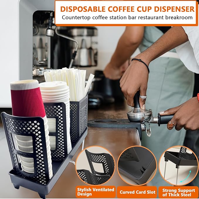 Coffee Cup Holder, Paper Cup and Lid Holder Dispenser with Straw Organizer,3-Slot Upright Disposable Plastic Coffee Cup Dispenser for Stations, Kitchens, Bars, Restaurants, Lounges (Black)