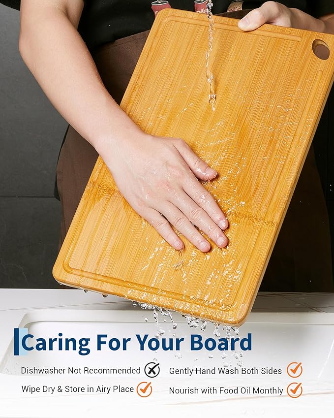 Garvee Bamboo Cutting Board Set of 3, Multi-Sizes Kitchen Cutting Boards with Deep Juice Grooves & Built-in Handle, Wooden Chopping Boards for Charcuterie, Vegetables & Fruit