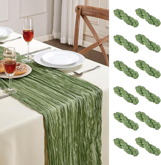 12 Pack Sage Green Cheesecloth Table Runner 10FT Long Boho Gauze Table Runner Rustic Sheer Runner for Wedding Bridal Baby Shower Birthday Party Table Decor Home Easter Thanksgiving Decorations