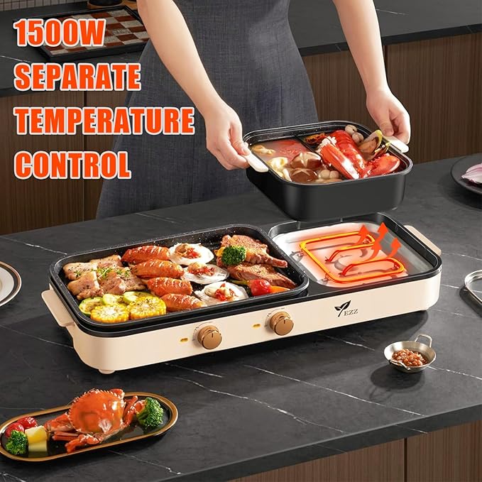 2025 Electric Hot Pot with Grill,2-10 People Indoor Hot Pot 2 in 1 Multi-function Smokeless Shabu-Shabu Hotpot Korean BBQ Grill for Simmer,Separate Dual Temperature Contral