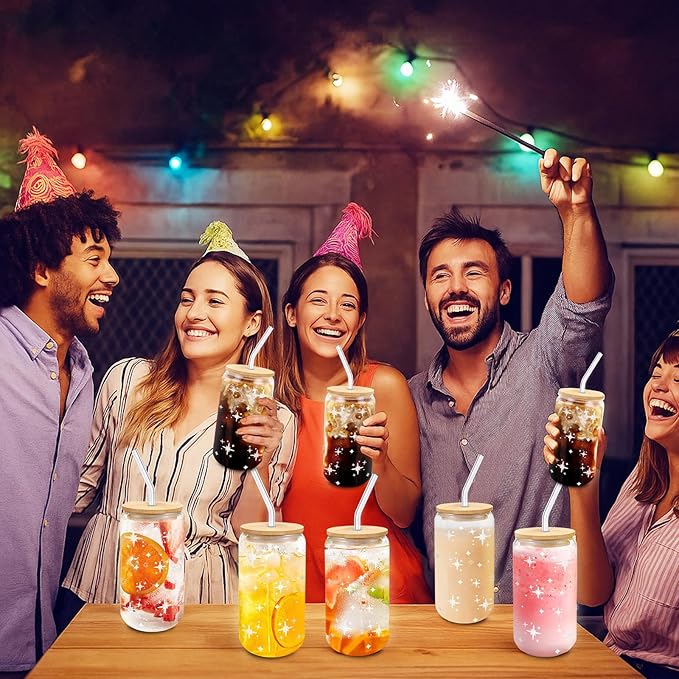 Glass Cups with Lids and Straws 2 Pack, Mason Jar Drinking Glass 16oz, Cute Preppy Iced Coffee Tumbler with Bamboo Lids & Straws, Aesthetic Stars Party & Gift Set