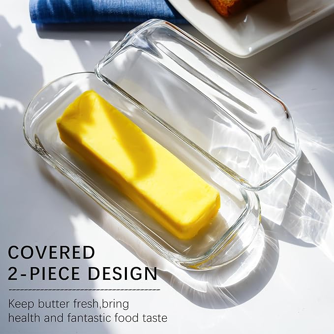 7 Inches Glass Butter Dish with Lid for Countertop - Crystal Glass Butter Keeper Elegant Clear Butter Holder Tray for 1 Stick East Coast,Dishwasher Safe