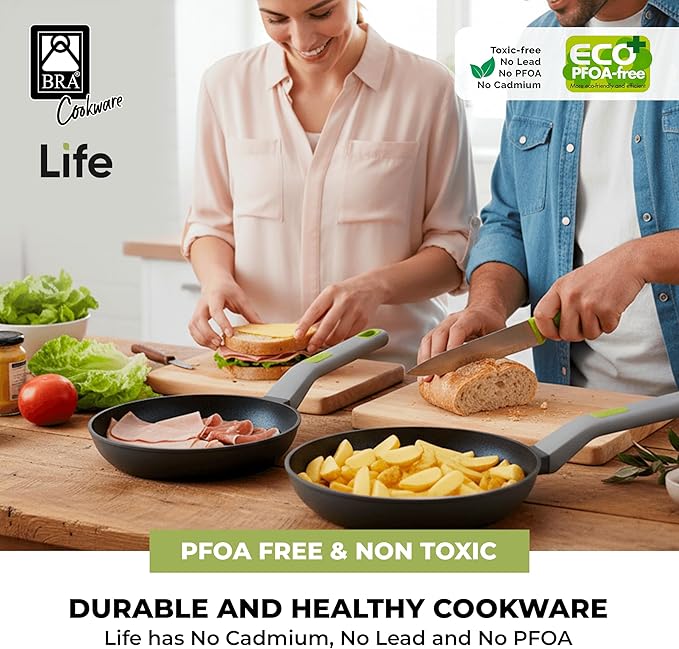 BRA COOKWARE Life 2 Ceramic Nonstick Frying Pan Set | 8+10.2 Inch Recycled Cast Aluminum Skillets | Ceramic Non-Stick Fry Pans | PFOA Free Searing Skillets | All Cooktops | Soft-Touch Handle