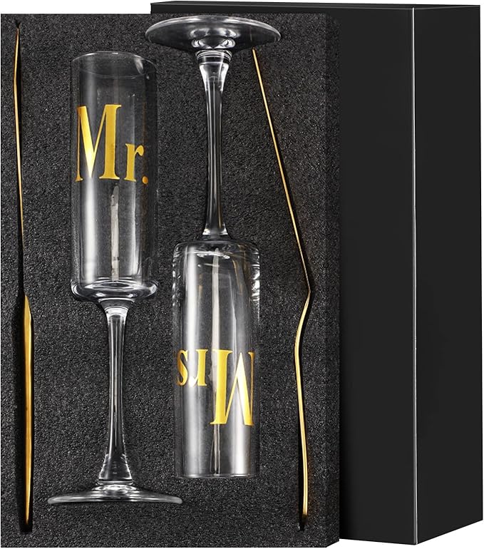 Boao 4 Pieces Wedding Toasting Flutes and Cake Server Set Wedding Reception Supplies Champagne Glasses Cake Knife Pie Server (Gold,Elegant)