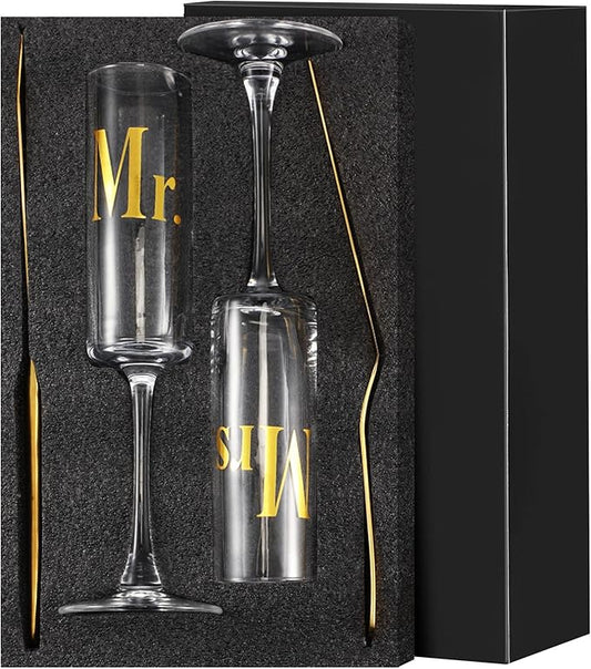 Boao 4 Pieces Wedding Toasting Flutes and Cake Server Set Wedding Reception Supplies Champagne Glasses Cake Knife Pie Server (Gold,Elegant)