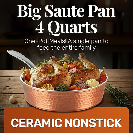GOTHAM STEEL 4 Qt Saute Pan with Lid, Large Nonstick Skillet for Cooking, 12” Hammered Deep Frying Pan, Family Sized Pans, Ceramic Coating for Sauce, Induction Ready Oven & Dishwasher Safe, Non Toxic