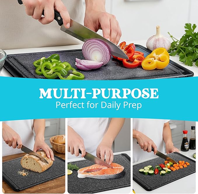 Large Cutting Boards for Kitchen - 18 x 12 Inch Plastic Cutting Board with Deep Juice Groove - Non-Slip, Durable Carving Board for Vegetables, Fruits and Meats - Dishwasher Safe Charcoal Grey