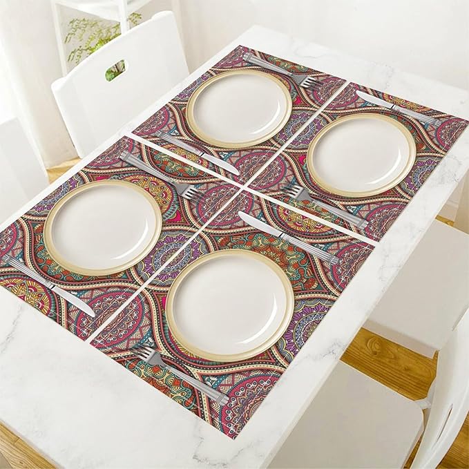 Boho Mandala Placemats Mexican Ethnic Traditional Pattern with Geometric Plaids Abstract Flower Set of 4 for Restaurant Home Kitchen Holiday Picnic Party Decor 12x18in