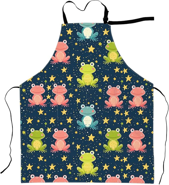 Cartoon Frog Apron Cute Starry Night Aprons Waterproof Oxford Polyester Adjustable Pockets Design for Cooking, Crafting, Garden Decor, for Adults, 28x33 Inch