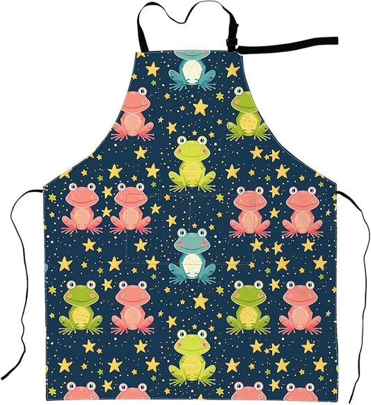 Cartoon Frog Apron Cute Starry Night Aprons Waterproof Oxford Polyester Adjustable Pockets Design for Cooking, Crafting, Garden Decor, for Adults, 28x33 Inch