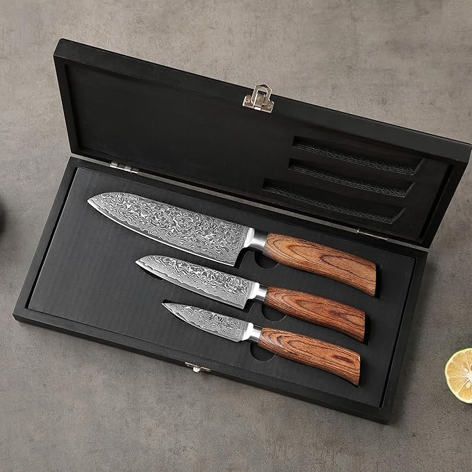 Wakoli EDIB Pro 3-Piece Damascus Kitchen Knife Set in Gift Box – Sharp Knives Set made of Genuine Damascus Steel (VG10 Core) – Santoku, Small Santoku & Paring Knife – Ergonomic Pakkawood Handles