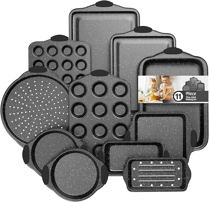 Slow Slog 11-Piece Nonstick Baking Pan Set, Stackable Bakeware Sets, Oven Pans for Baking with Silicone Handles, Includes Cookie Sheet, Cake Pans, Loaf Pan, Pizza Pan, Muffin Pan, Black
