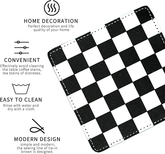 Marble Coasters Square Leather Drinks Coaster Set with Holder for Coffee Table Bar Home Decor 4 Inches Set of 6 (Checkered, One Size)