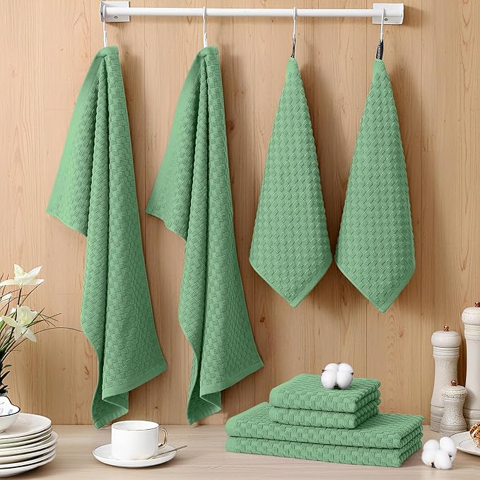 Homaxy 100% Cotton Kitchen Towels and Dishcloths Set, 12 x 12 & 15 x 25 Inches, Set of 10 Bulk Terry Cloth Dish Towels, Super Soft and Absorbent Hand Towel with Hanging Loop, Grass Green