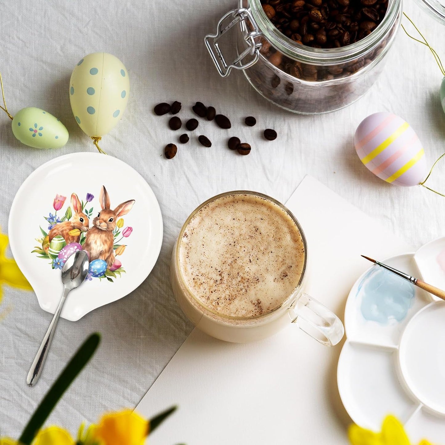 JarThenaAMCS 4.7inch Easter Bunny Spoon Rest Watercolor Rabbit Egg Tulip Flowers Small Coffee Spoon Holder for Spring Coffee Stirrers Teaspoon Bar Coffee Station