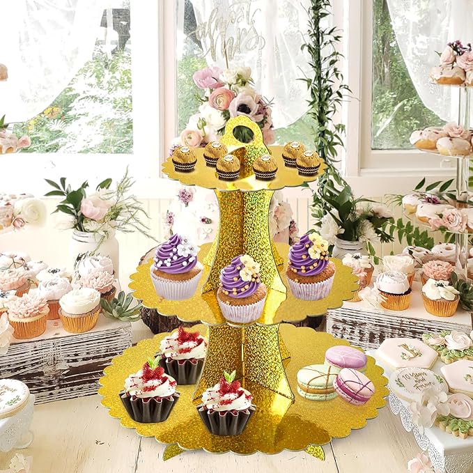 Soleebee 3-Tier Cupcake Stand, Cardboard Cupcake Tower, Dessert Cup Cake Stand Tower for Birthday Wedding Party Decoration, Cupcake Tier Stand 1 Set (Glitter Gold)