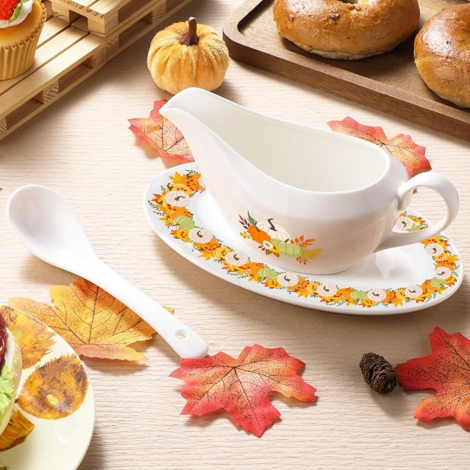 16OZ Thanksgiving Gravy Boat with Ladle and Saucer Ceramic Gravy Boat Thanksgiving Serveware for Salad Dressings, Creamer, Broth, Black Pepper Used at Weddings Parties Christmas or Daily Use