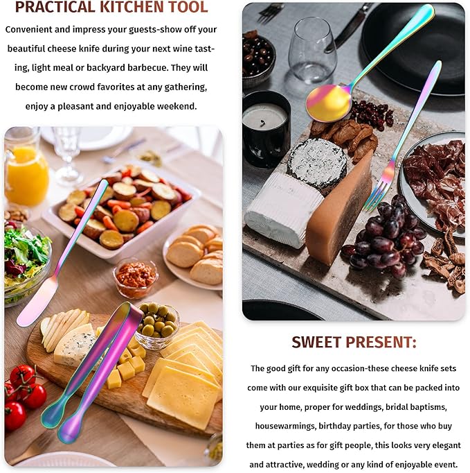 Patelai Charcuterie Boards Accessories Charcuterie Utensils Set Cheese Butter Spreader Knives Stainless Steel Mini Serving Tongs Spoons Forks and Toothpick Flags for Appetizers Pastry(Rainbow Color)