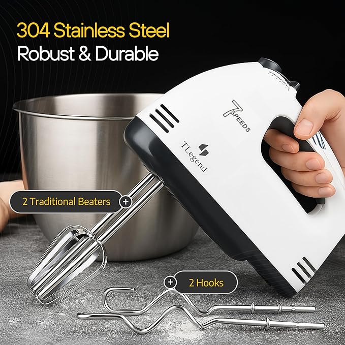 TechnoLegend Hand Mixer Electric Handheld – 7 Speed Ultra Power Electric Mixer Handheld (White-Black)