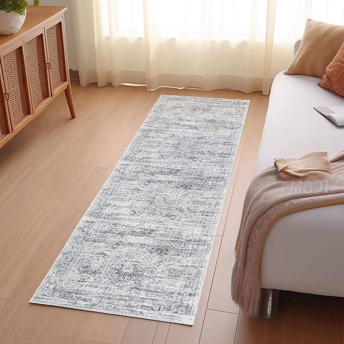 Long Bathroom Rugs Runner - Washable Runner Rugs for Hallway 2x10, Ultra-Thin Soft Kitchen Carpet Runner, Anti Slip Backing Runner Rugs for Entrance, Bedroom, Living Room(2'x10', Grey/Ivory)