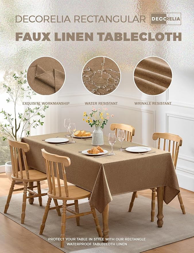 Faux Linen Farmhouse Table Cloth 52"x70" for Rectangle Dining Table, Coffee Waterproof Outdoor Washable Cloth Fall Tablecloth for Rectangular Kitchen Outdoor Party Restaurant Patio Table