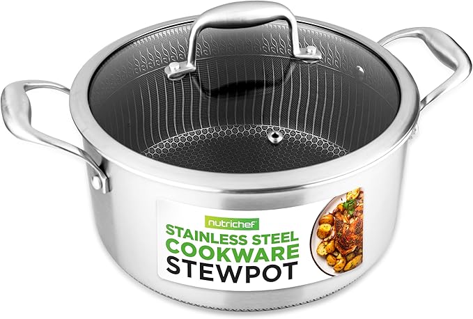 NutriChef 5 QT Stainless Steel Stew Pot - Triply Kitchenware Stew Pot with Glass Lid - DAKIN Etching Non-Stick Coating, Scratch-resistant Raised-up Honeycomb Fire Textured Pattern NC3PCAS
