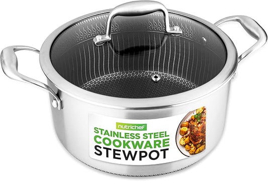 NutriChef 5 QT Stainless Steel Stew Pot - Triply Kitchenware Stew Pot with Glass Lid - DAKIN Etching Non-Stick Coating, Scratch-resistant Raised-up Honeycomb Fire Textured Pattern NC3PCAS