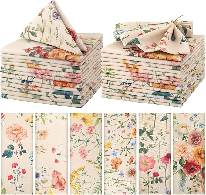 24 Pcs Butterfly and Wild Flowers Cloth Napkins Floral Plants Reusable Napkins French Retro Toile Dinner Soft Absorbent for Summer Holiday Party