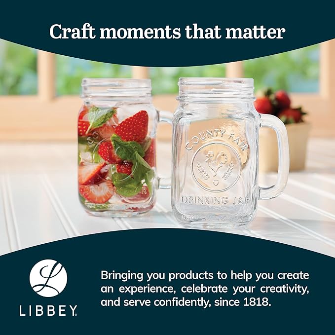 Libbey County Fair Set of 12 Mason Drinking Jars with Handles, Classic 16.5 oz Glass Mason Jar Mugs w/Top, Drinking Glass Jar for Cocktail, and More