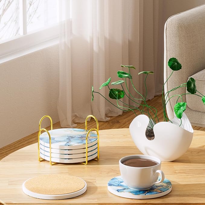6Pcs/Set Marble Abstract Ceramic Coasters with Holder, Absorbent Drink Coasters, Coffee Cup Coaster,Round Ceramic Table Coasters Set Decorative