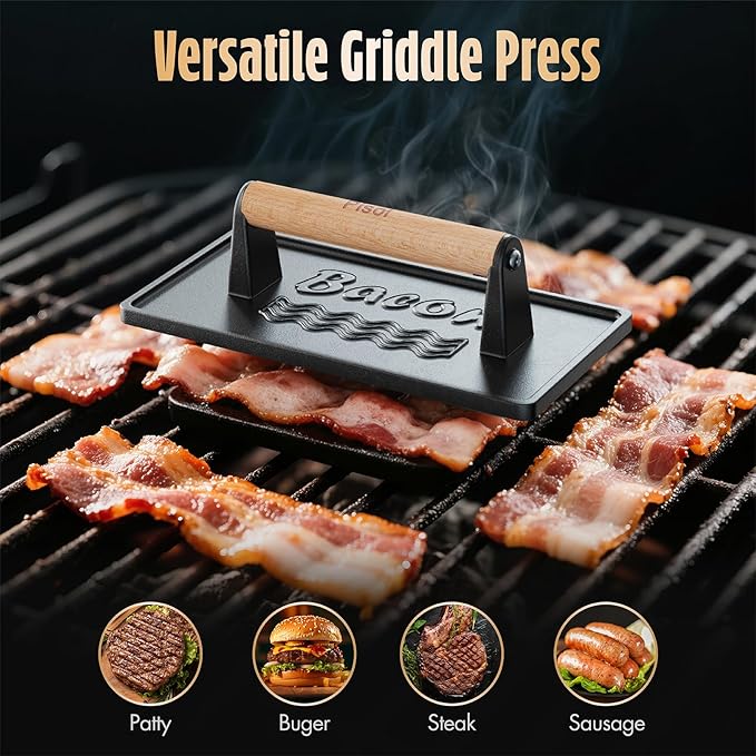 Pisol Bacon Press Smash Burger Press, Pre-Seasoned Cast Iron Hamburger, 2 lb Heavy-Duty Grill Bacon Meat Press Tool with Wood Handle