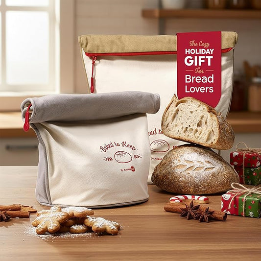 KNEADACE Reusable Bread Bags for Homemade Bread -Stylish Sourdough Bread Storage with Roll-Top Design, 100% Cotton & Food-Safe Lining, Freezer & Refrigerator Friendly, Gift for Bakers (Beige/Cream)