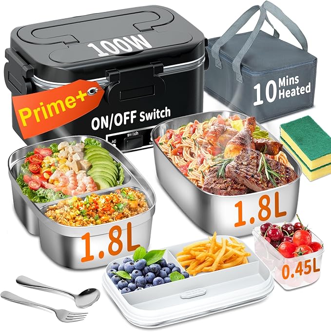 Electric Heated Lunch Box for Adults, 100W 3-IN-1 2 Pack 1.8L Containers Heating Lunch Box for Men Portable Double Layer, Fast Heated Food Warmer,12V/24V/110V for Car Truck Office Home