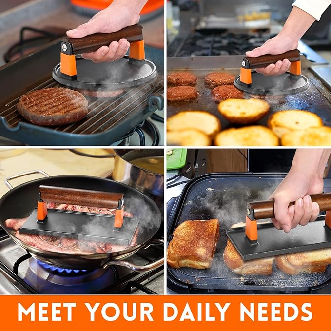 GGC Cast Iron Burger Press Kit, 7" Round and 8"x4" Rectangle Smash Burger Press Set for Grill and Griddle Cooking, 2PCS Meat Press with Wooden Handle for Bacon, Hamburgers, Eggs, Sandwiches
